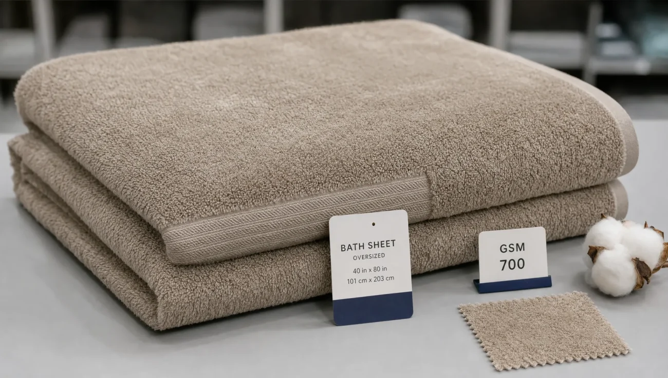 A folded bath sheet with a size tag and GSM card sits beside a cotton swatch for bulk order comparison.