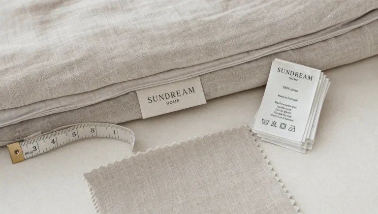 A folded bedding set with care tags, a measuring tape, and a fabric swatch shows private label details.