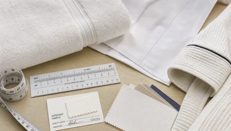A folded hotel towel, sheet corner and robe cuff sit beside measuring tools and fabric swatches for commercial textile inspection.