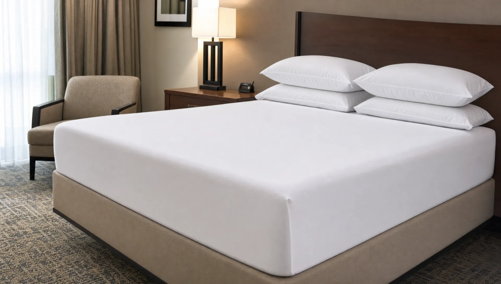 A hotel bed with a fitted custom size sheet, deep mattress corners and folded pillows in a guest room.