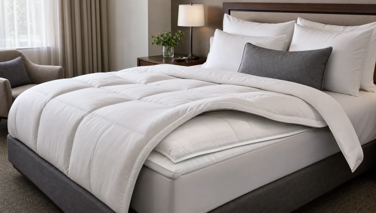 A hotel bed with a layered comforter shows the bedding system behind hotel comfort and durability.