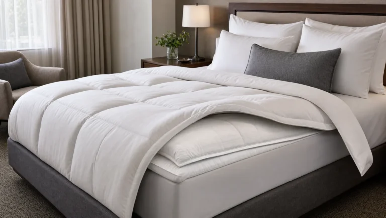 A hotel bed with a layered comforter shows the bedding system behind hotel comfort and durability.