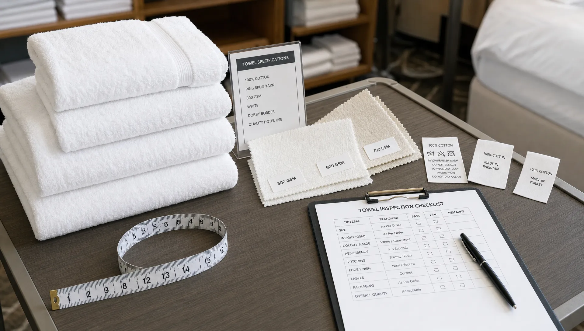 A hotel housekeeping table with stacked white towels, fabric swatches, care labels, a measuring tape, and an inspection checklist arranged for hospitality towel sourcing.
