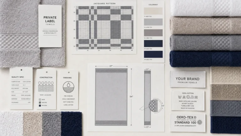 A jacquard pattern grid with label shapes and repeating weave textures suggests private-label towel design control.