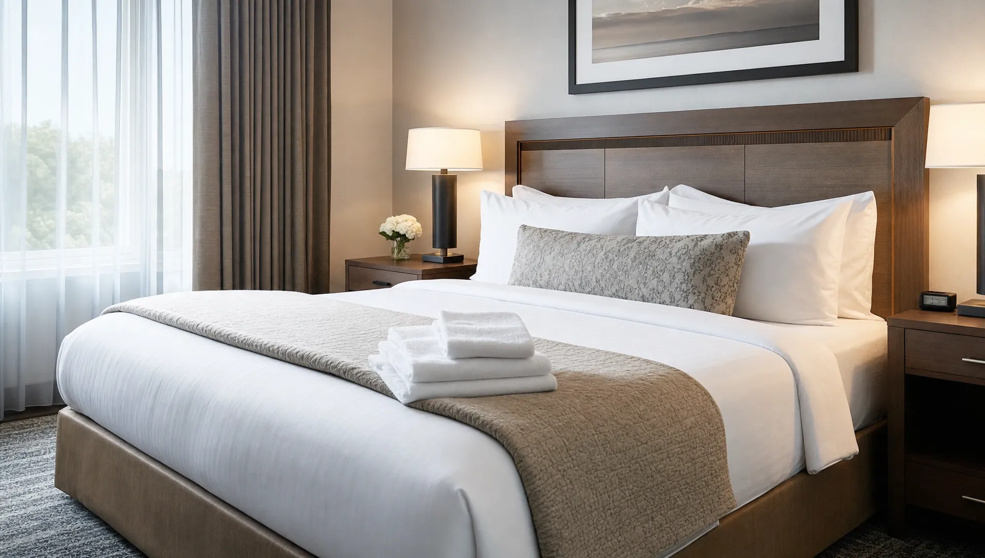 A neatly made hotel bed with a layered comforter, crisp pillows, and folded linen in a bright guest room.