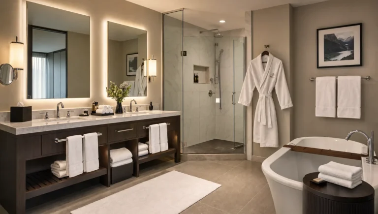 A premium hotel bathroom shows a full bath linen set near the vanity, shower, and towel bars.
