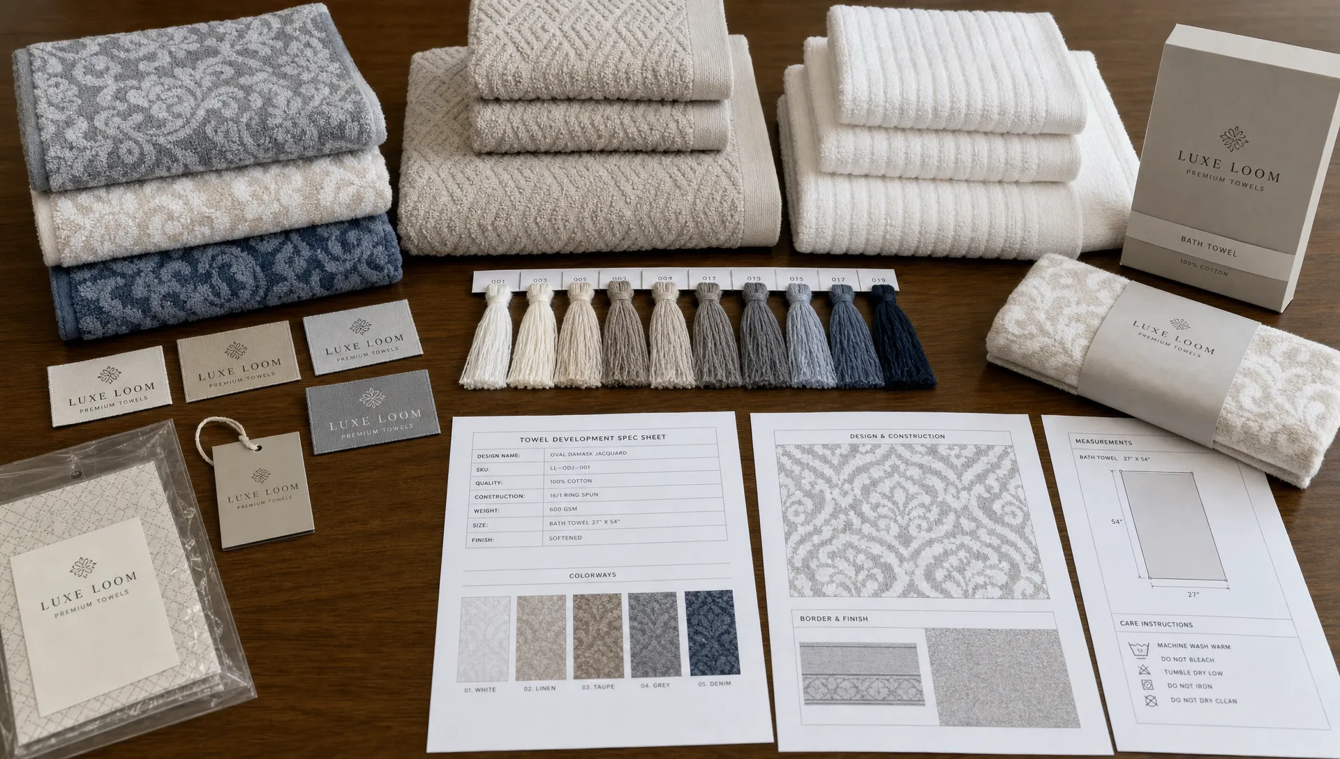 A private-label towel development table with folded jacquard towels, yarn swatches, woven labels, packaging samples, and specification sheets arranged for comparison.