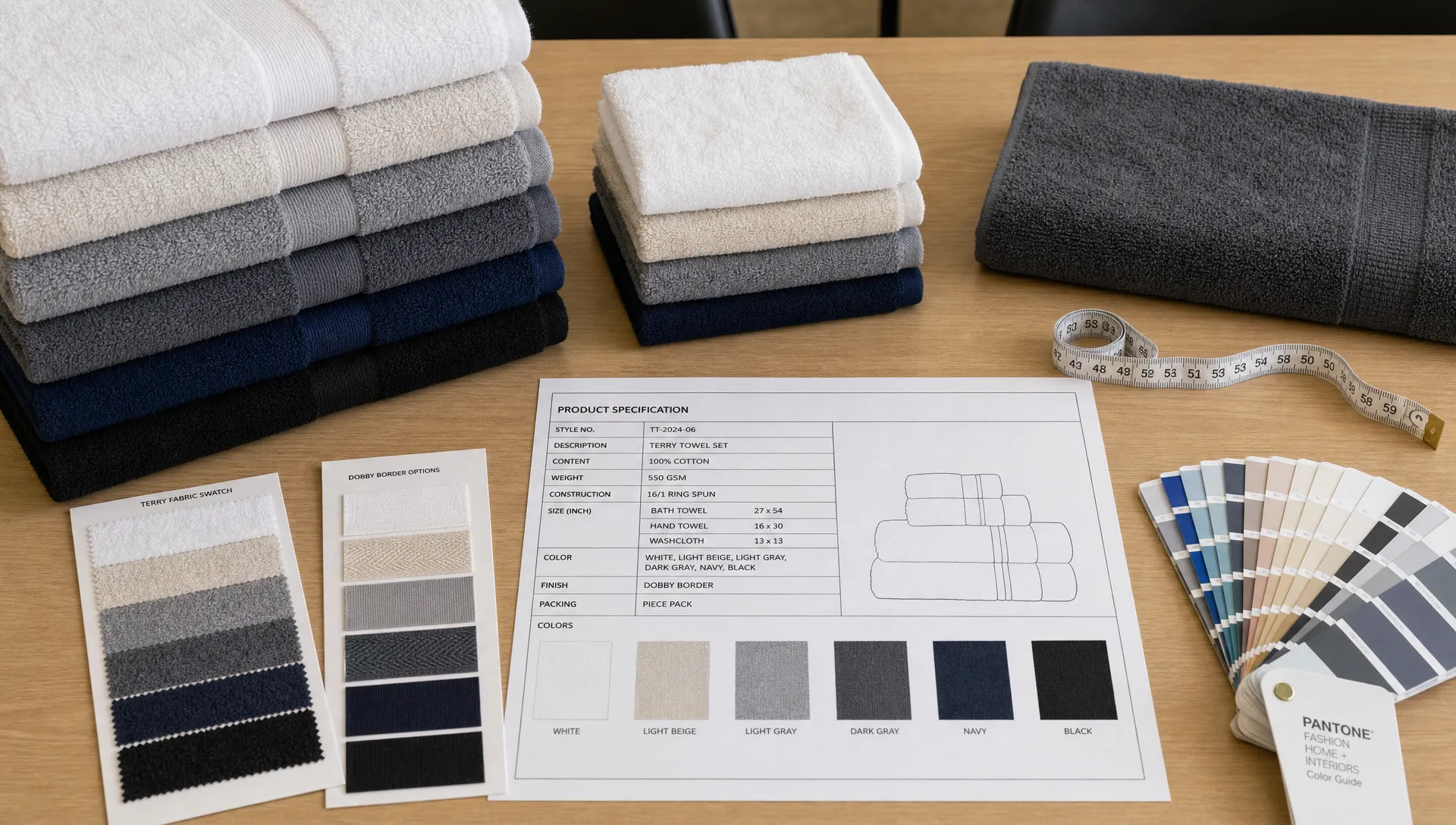 A procurement table with stacked terry towels, hand towels, fabric swatches, a measuring tape and a printed specification sheet.