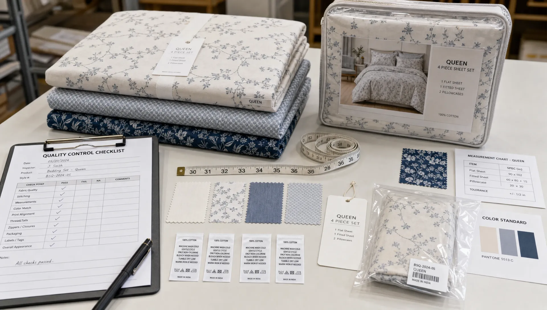 Percale bed sheets manufacturer Pakistan with bedding quality control, measurements and fabric inspection