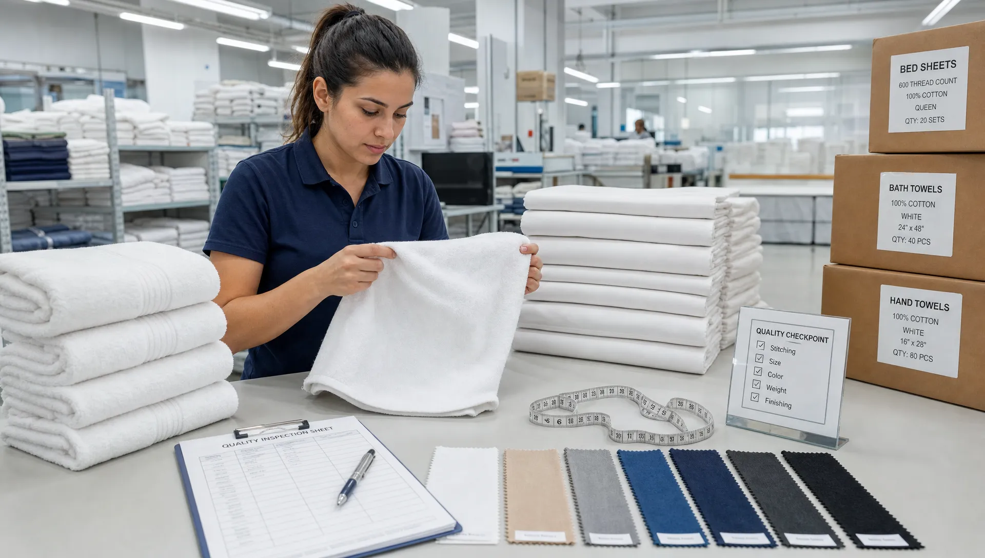 A quality control technician examines hotel towels and folded bed linens beside fabric swatches, measuring tools and labeled cartons in a textile facility.