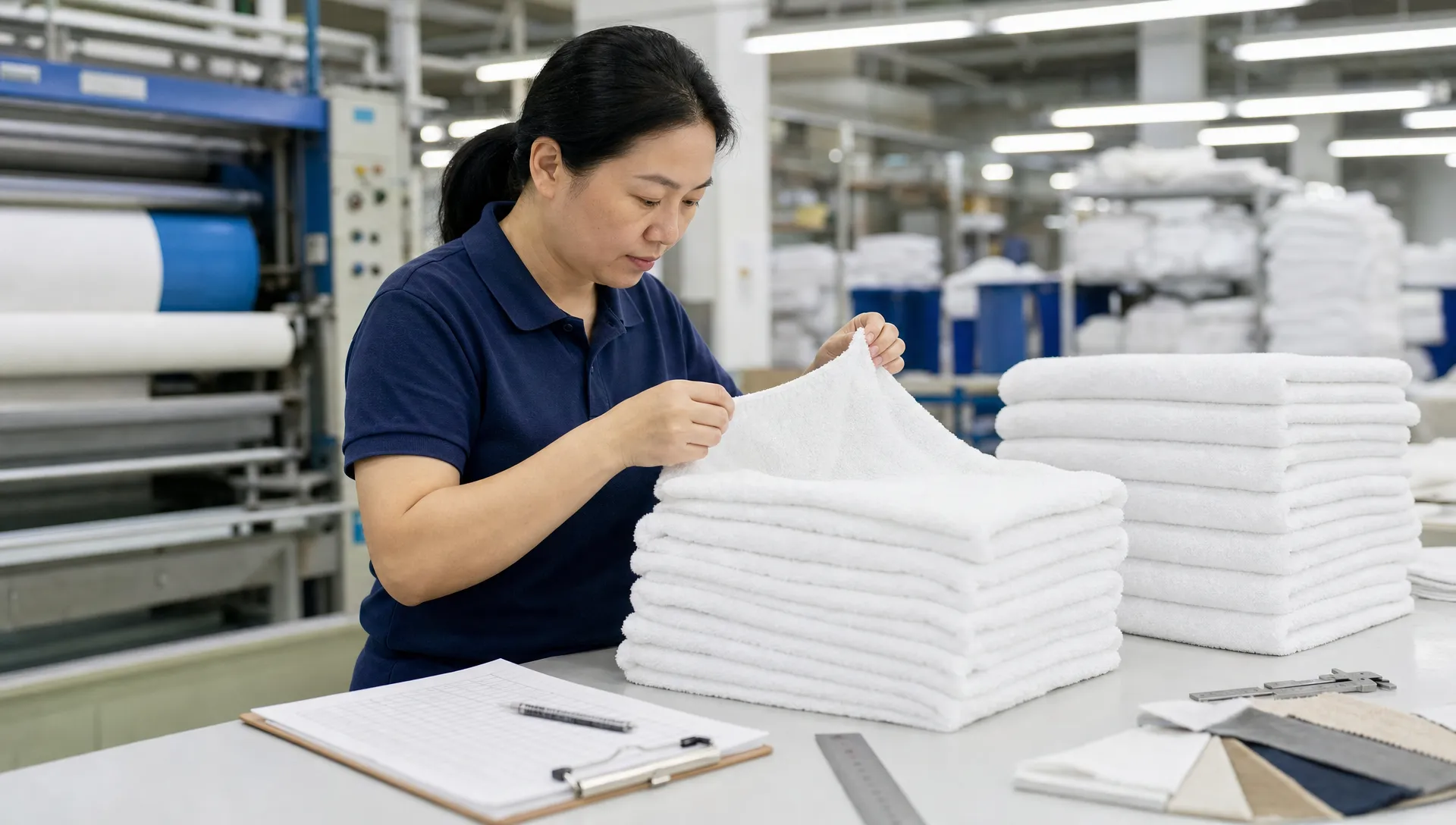 A quality control worker inspects stacks of white terry towels on a factory table with measuring tools and fabric swatches in a clean production area.
