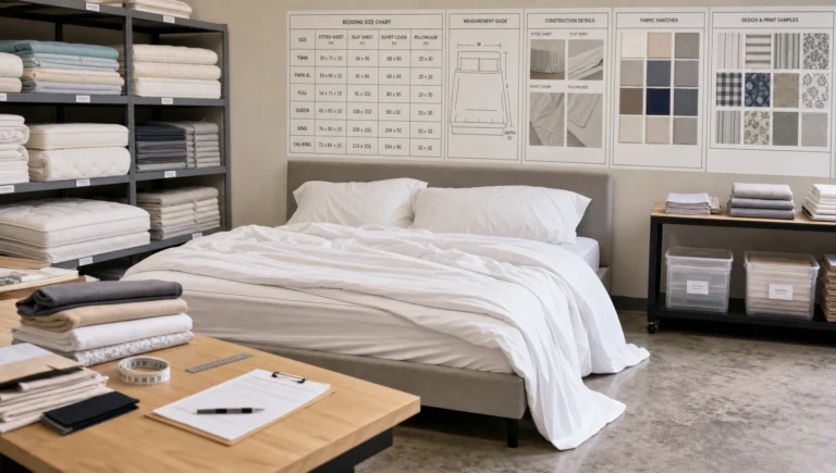 A sampling room with a test bed and size charts shows how custom size bed sheets are checked before production.