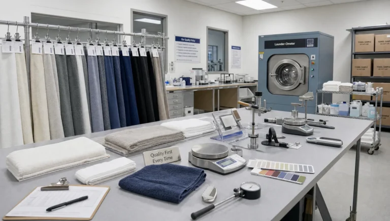 A textile quality-control lab shows towel samples, wash-test equipment and stacked cartons for bulk inspection.