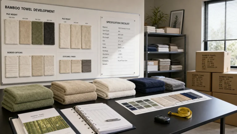 A textile sample room shows bamboo bath towels, swatches and cartons ready for bulk approval.