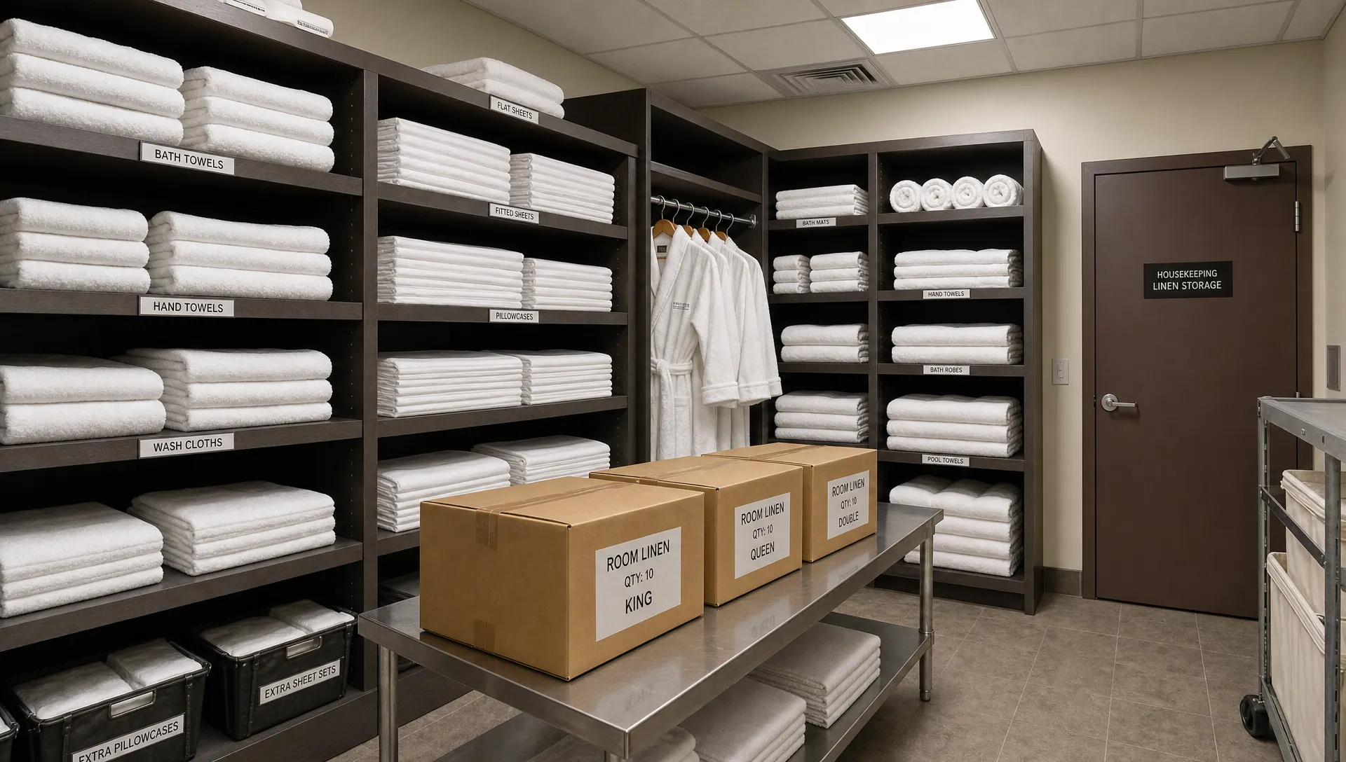 A well organized hotel linen storage room with stacks of folded white towels, bed sheets, and bathrobes on labeled shelves, plus sealed cartons ready for housekeeping distribution.