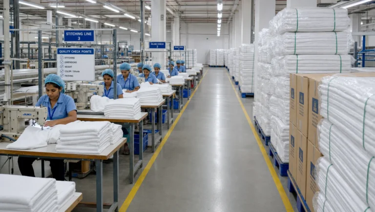 Finished towels move through an organized production line toward stacked export pallets.