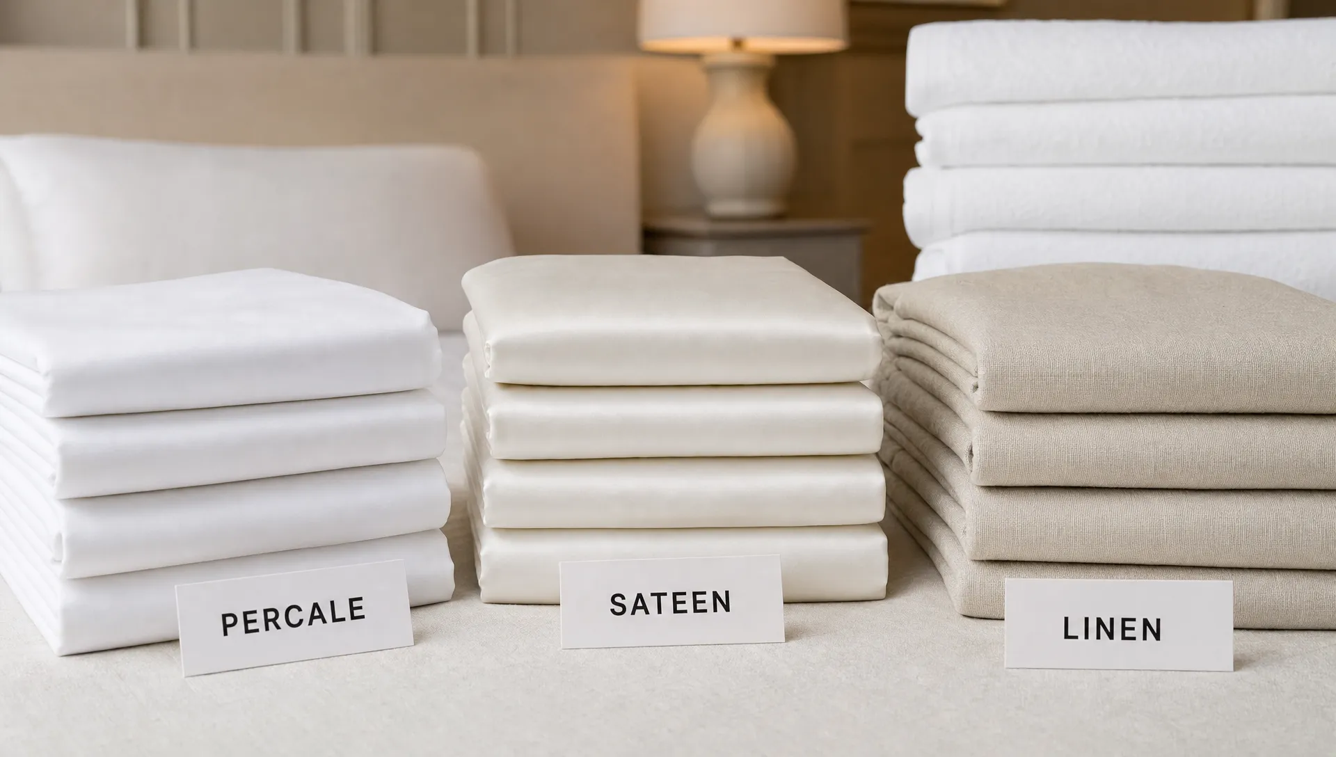 Folded bed sheets beside stacked hotel linens show the difference between percale, sateen, and linen fabrics.
