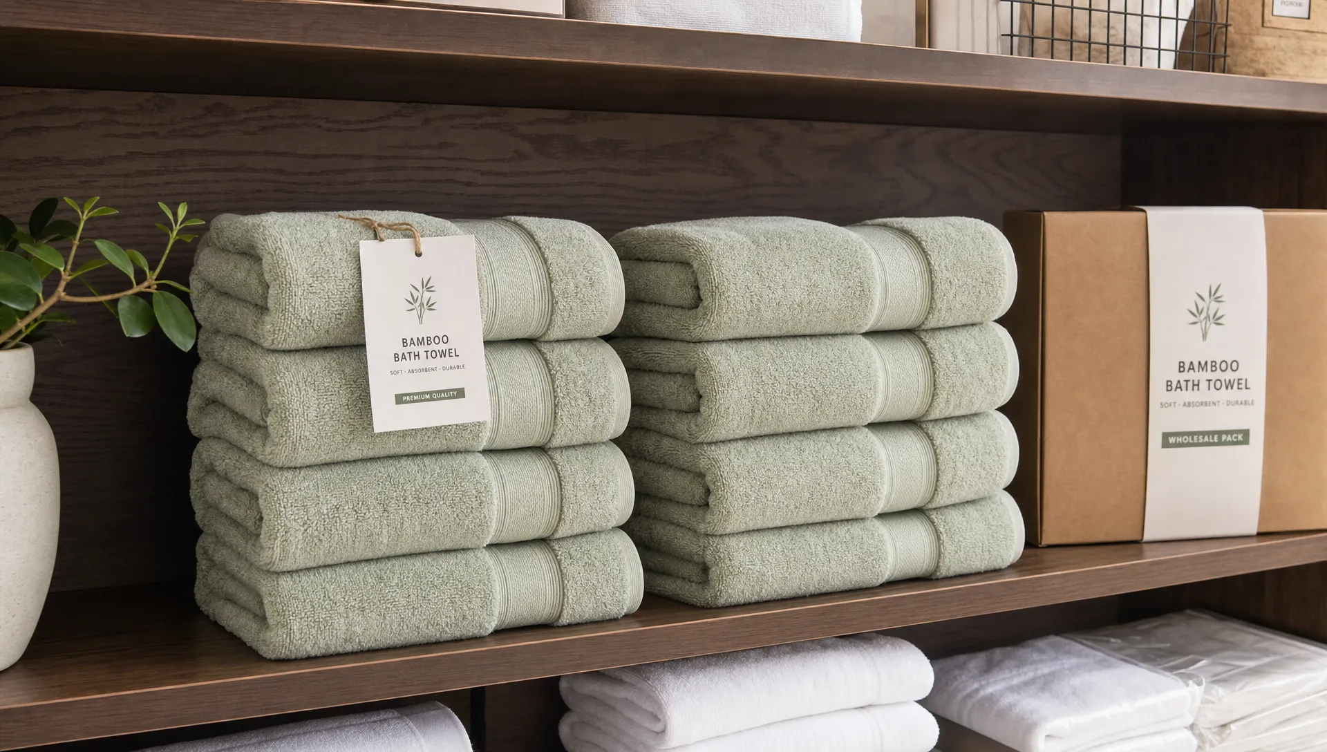 Neatly stacked bamboo bath towels sit on a hotel shelf with folded labels and wholesale packaging nearby.