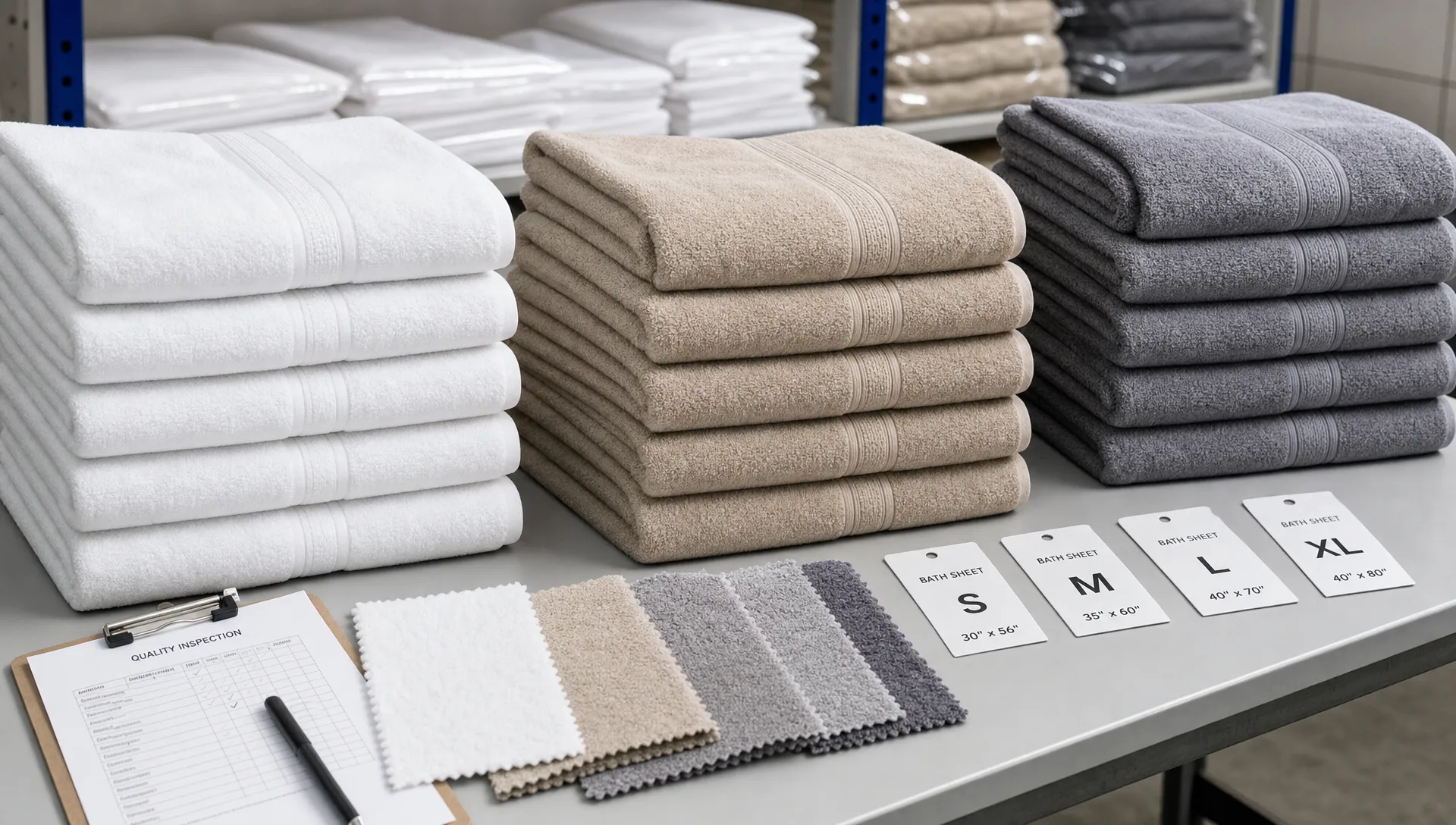 Stacks of bath sheets sit beside fabric swatches and size tags on an inspection table for bulk comparison.