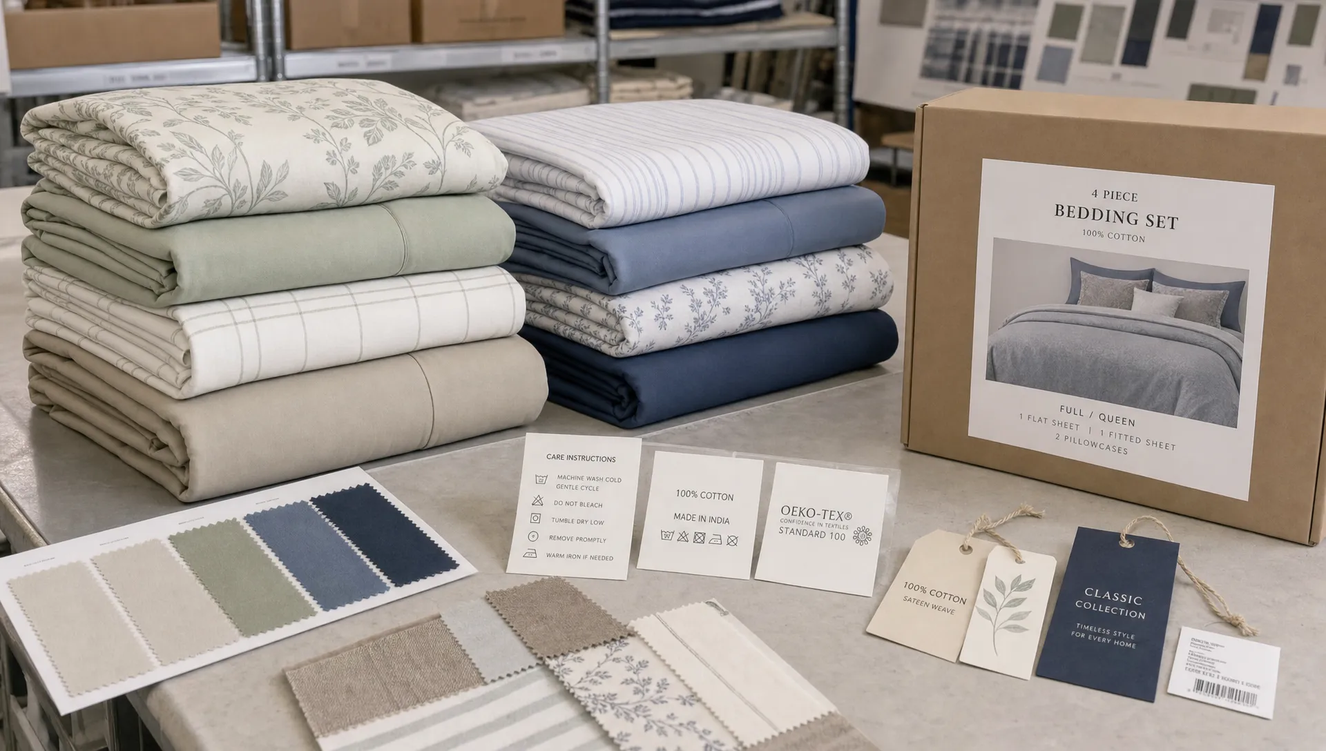 Stacks of folded bedding sets sit beside fabric swatches, care labels and packaging samples on a production table.