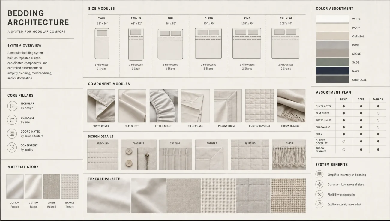 Weave blocks, size modules and label shapes form a graphic map of custom bedding planning.