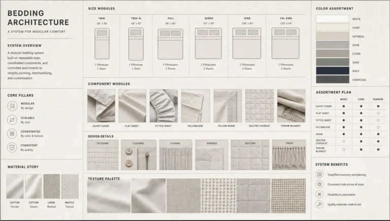Weave blocks, size modules and label shapes form a graphic map of custom bedding planning.