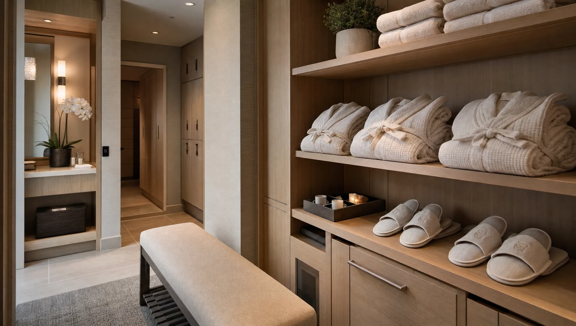 A boutique spa changing area with folded linen bathrobes on open shelves, towels, slippers, and a bench for guests.