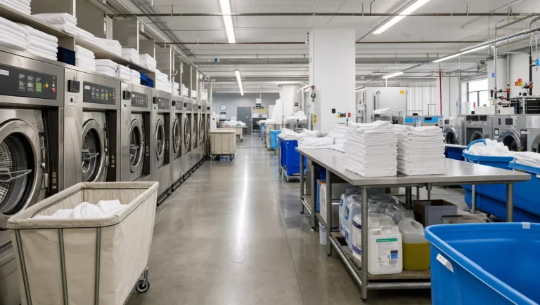 A commercial laundry room shows washers, folding tables, and towel carts used for spa towel laundering.