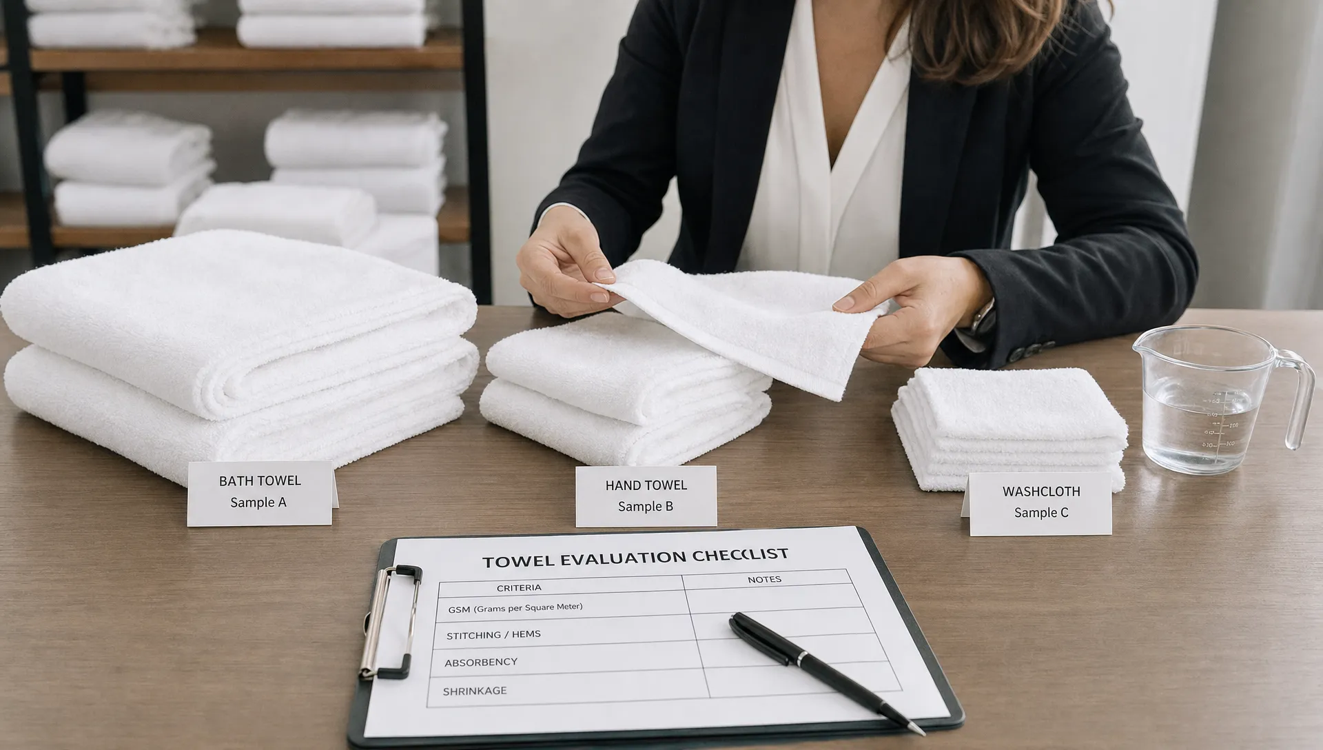 A hospitality buyer compares white bath towels, hand towels and washcloth samples on a table with a checklist for GSM, stitching, absorbency and shrinkage.