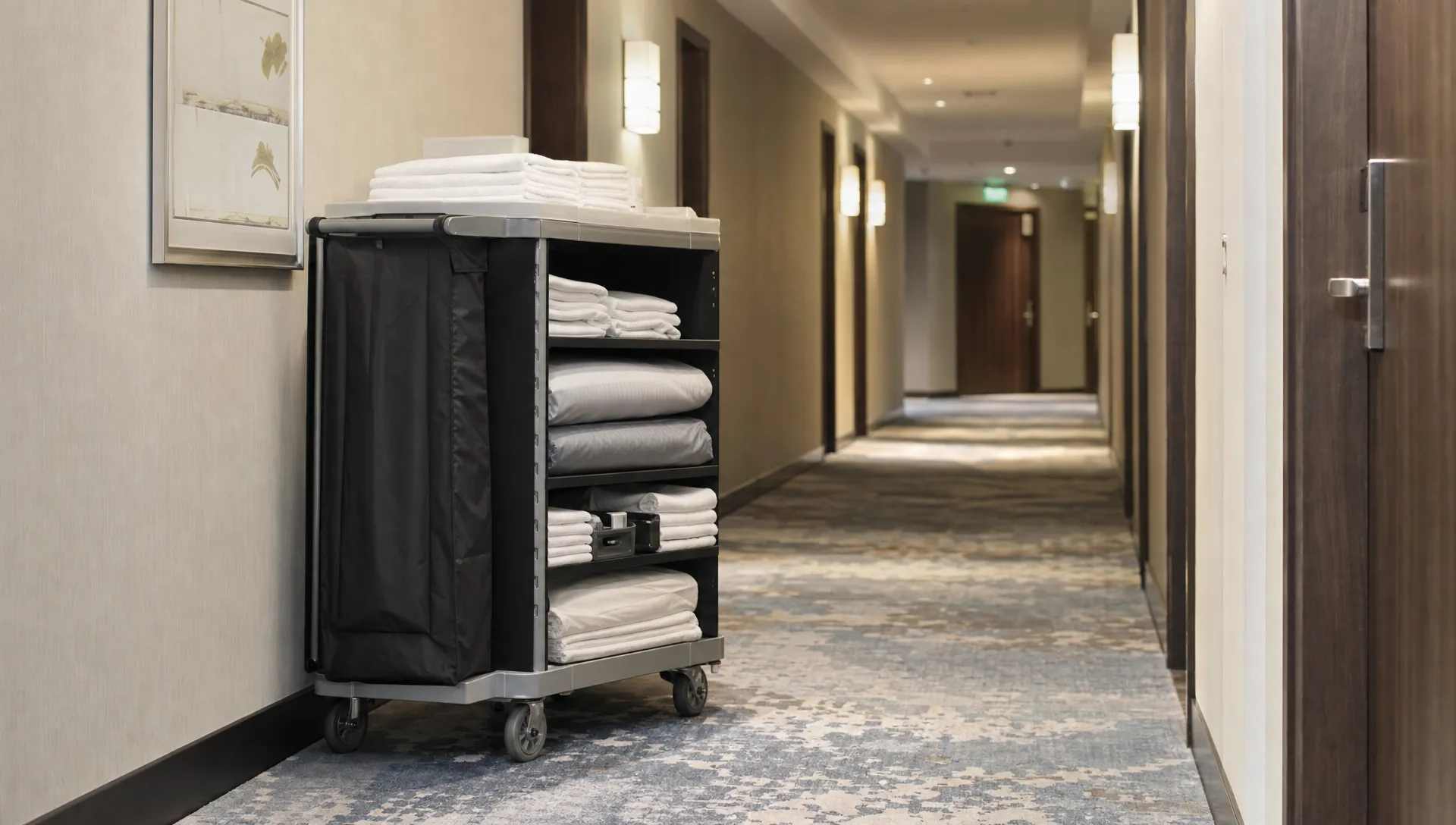 A hotel housekeeping cart carries folded duvet covers and towels in a corridor outside guest rooms.
