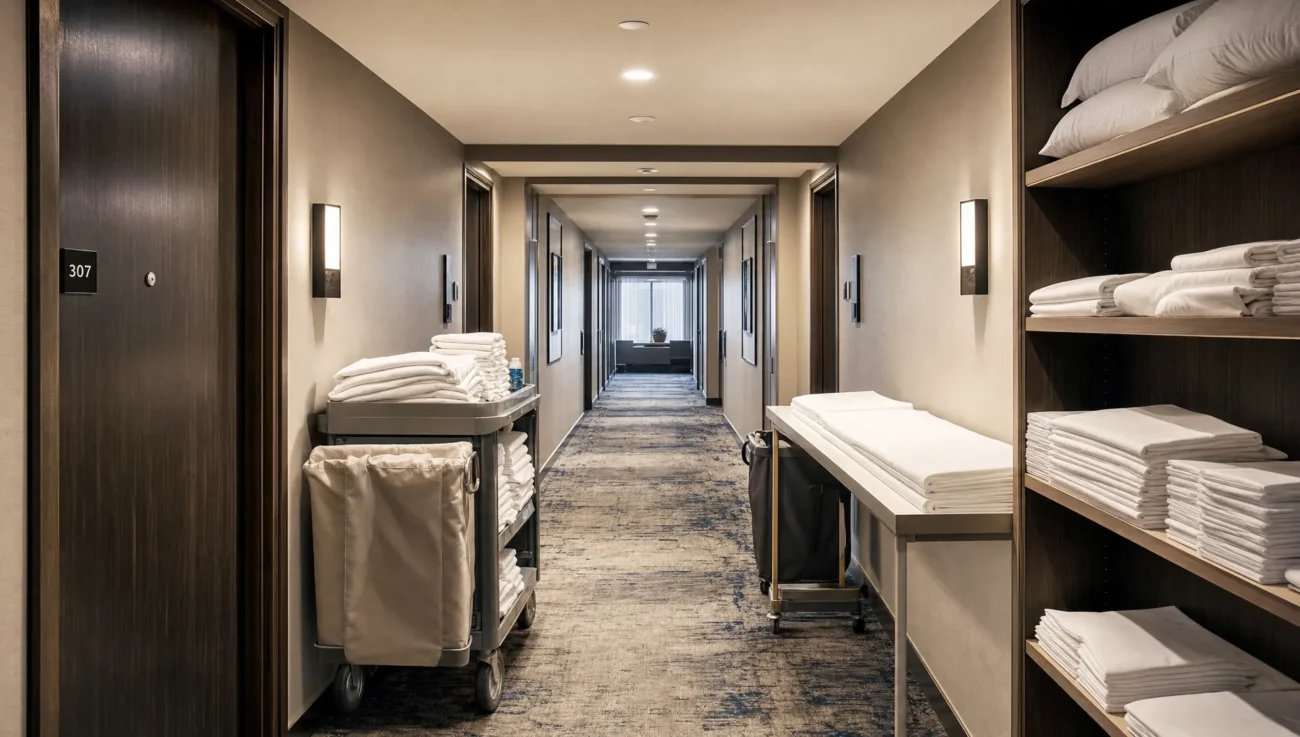 A hotel housekeeping corridor shows linen carts, supply shelves, and duvet covers ready for room turnover.