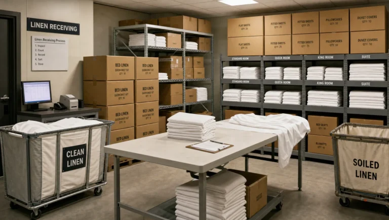 A hotel linen receiving room shows cartons, shelving, and a cart prepared for fitted sheet stock.