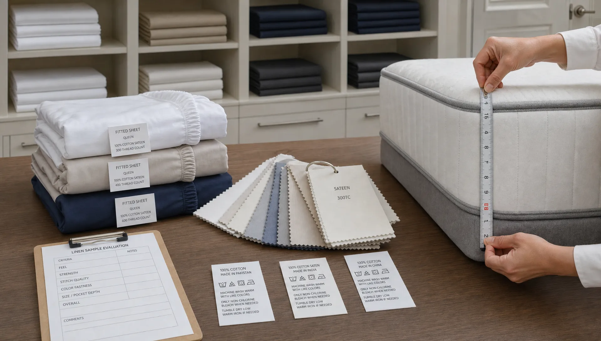 A hotel linen sample room shows folded fitted sheets, fabric swatches, care labels, and a mattress corner being checked for pocket depth.