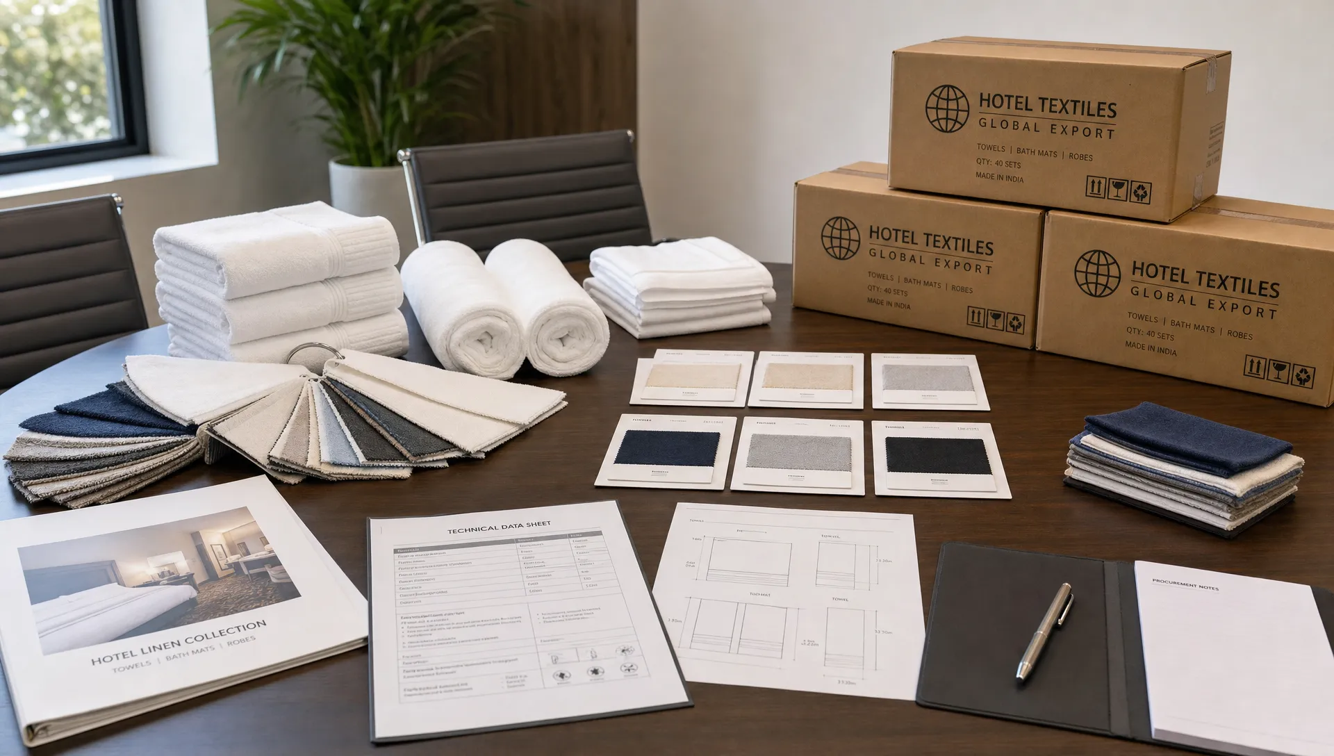 A hotel procurement table with towel samples, fabric swatches, technical sheets, and export cartons for global orders.
