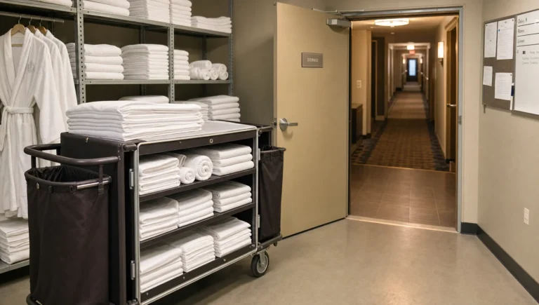 A hotel storage room with linen carts, towels, pillowcases, and bathrobes ready for housekeeping.
