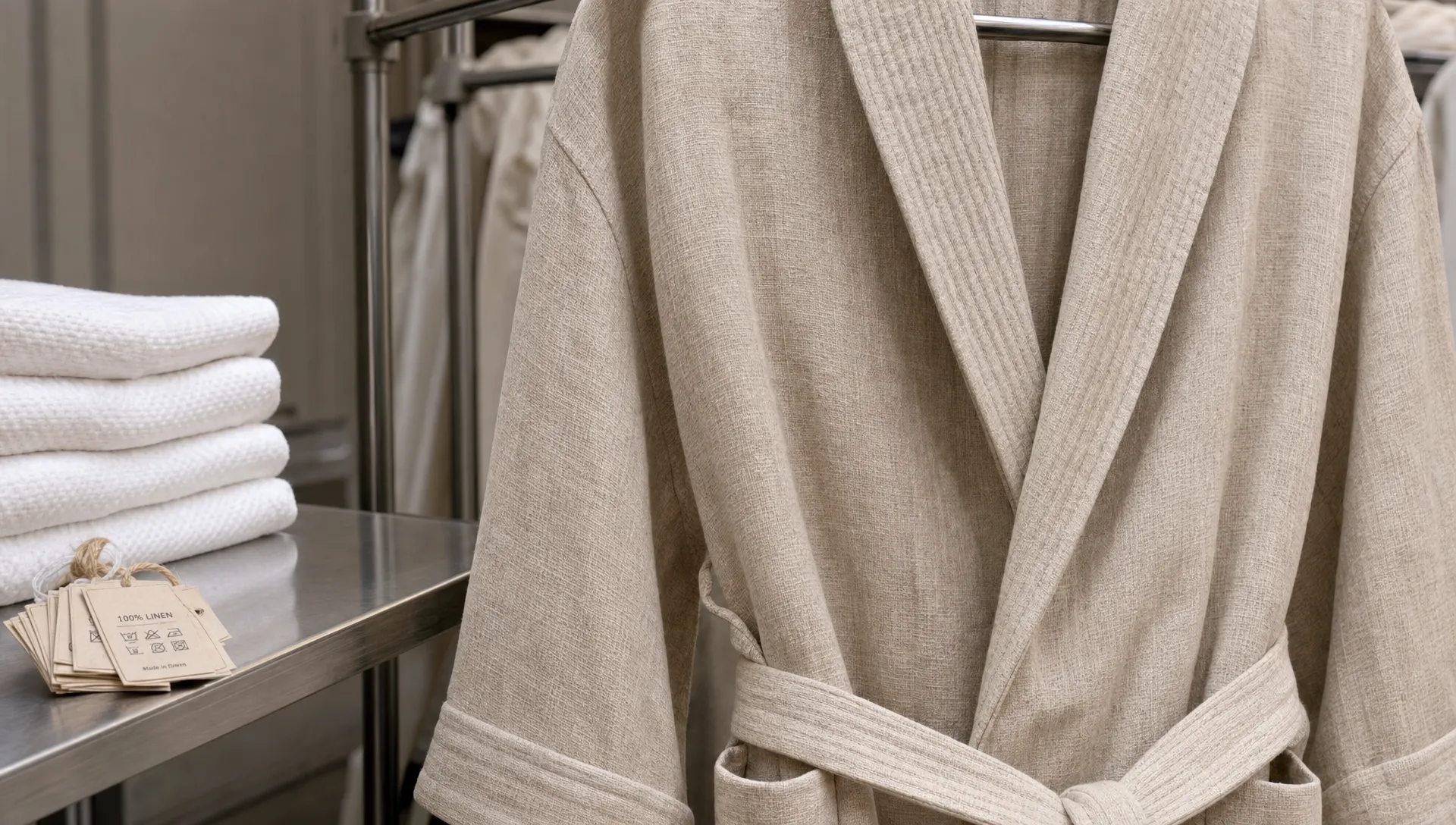 A linen bathrobe hangs on a rail beside folded towels, showing its collar, cuff, pocket, and belt loop details.