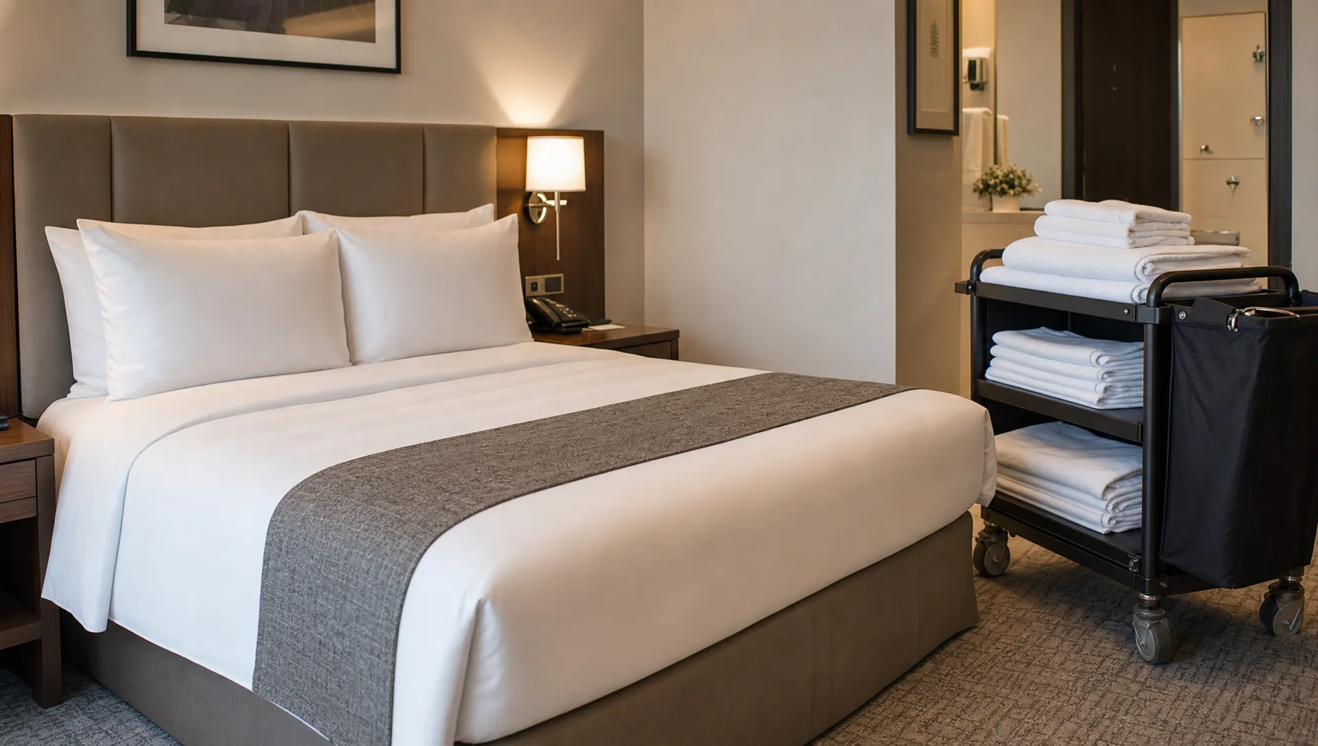A neatly made hotel bed shows tailored bedding with aligned pillows, a smooth duvet cover, and folded linens on a housekeeping cart beside it.