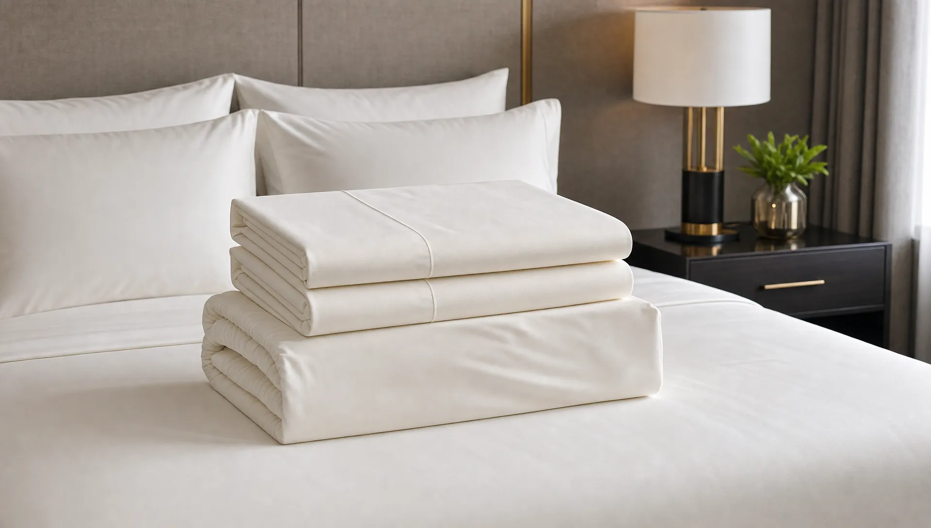 A neatly made hotel bed with folded bamboo bed sheets, pillowcases, and a fitted sheet arranged for a premium bedding display.