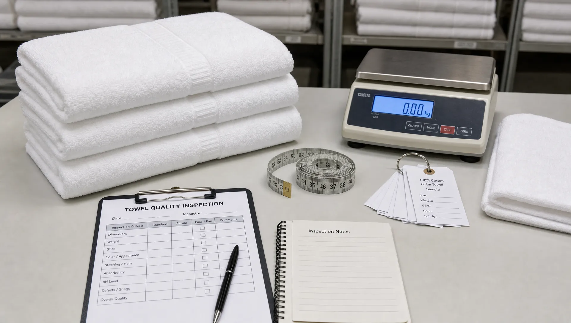 A quality control table with stacked white hotel towels, a measuring tape, a fabric scale, sample tags, and inspection notes ready for review.