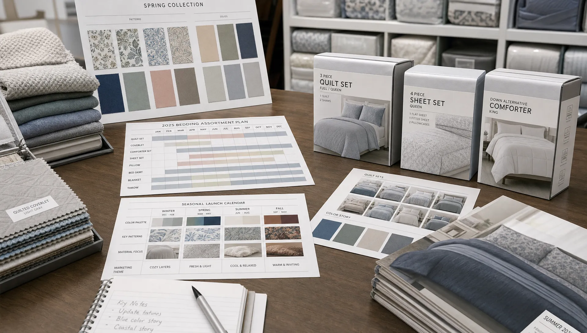 A retail buying desk with fabric swatches, labeled bedding samples, seasonal calendar sheets, and packaging mockups for bulk bedding planning.