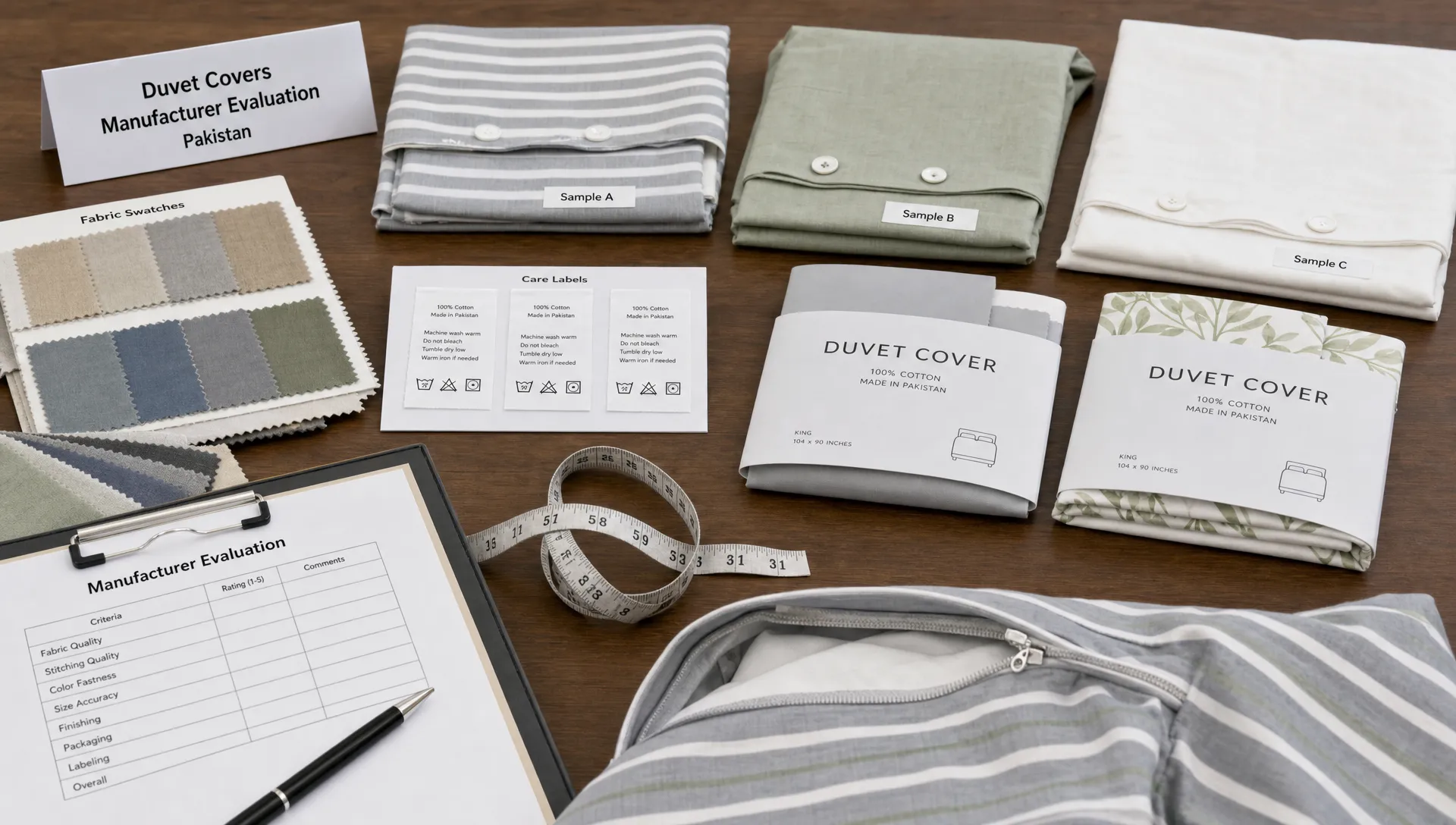 A sourcing table with fabric swatches, duvet cover samples, measuring tape, care labels, and folded packaging mockups for evaluating a duvet covers manufacturer in Pakistan.