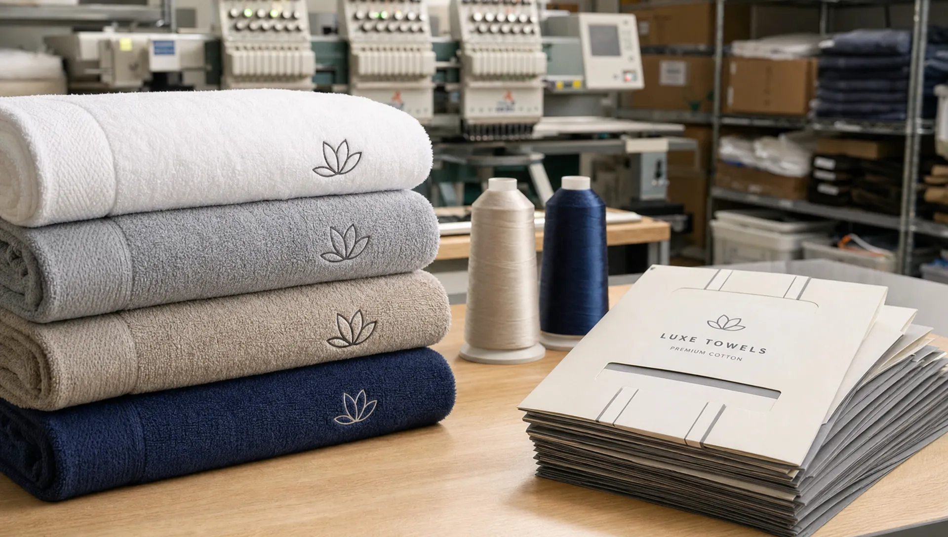 A stack of embroidered towels with small private-label logos sits on a worktable beside thread cones and folded packaging sleeves.