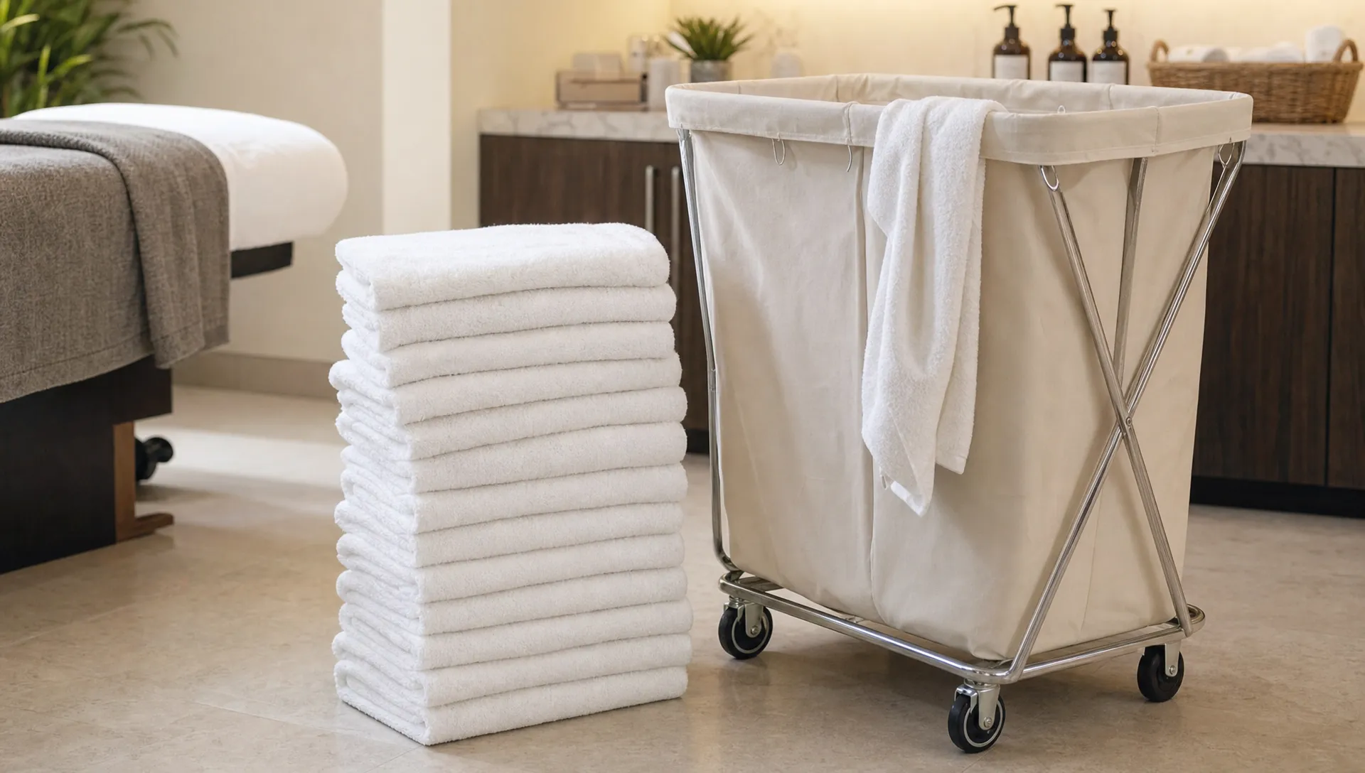 A stack of spa towels sits beside a laundry cart in a treatment room, ready for high-volume laundering.