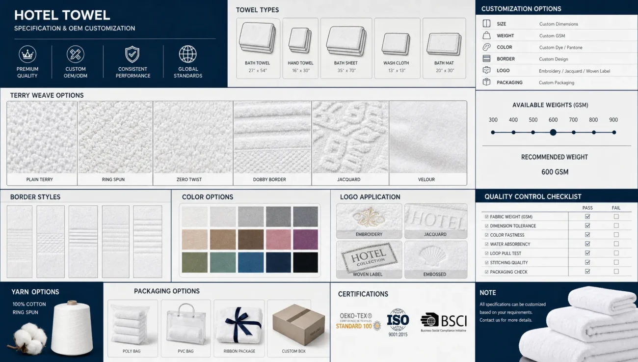 A structured grid of weave blocks and checklist marks evokes hotel towel specification control.