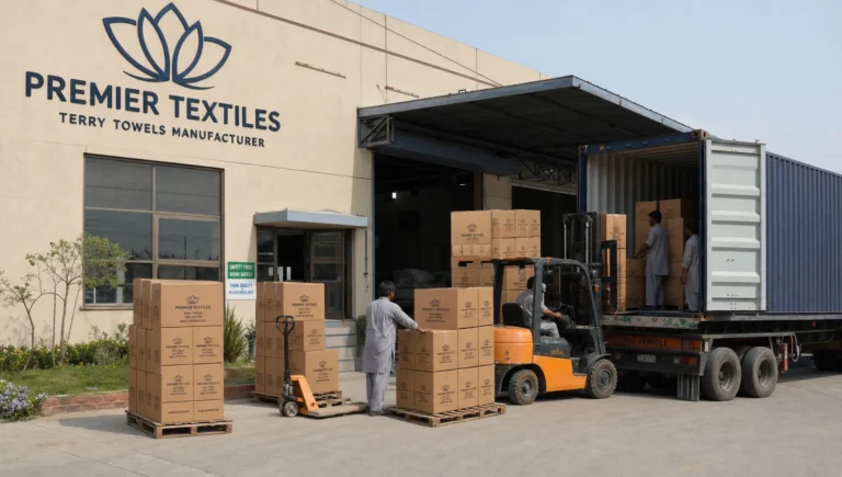 A textile factory exterior shows towel cartons being moved toward a shipping bay for wholesale export.
