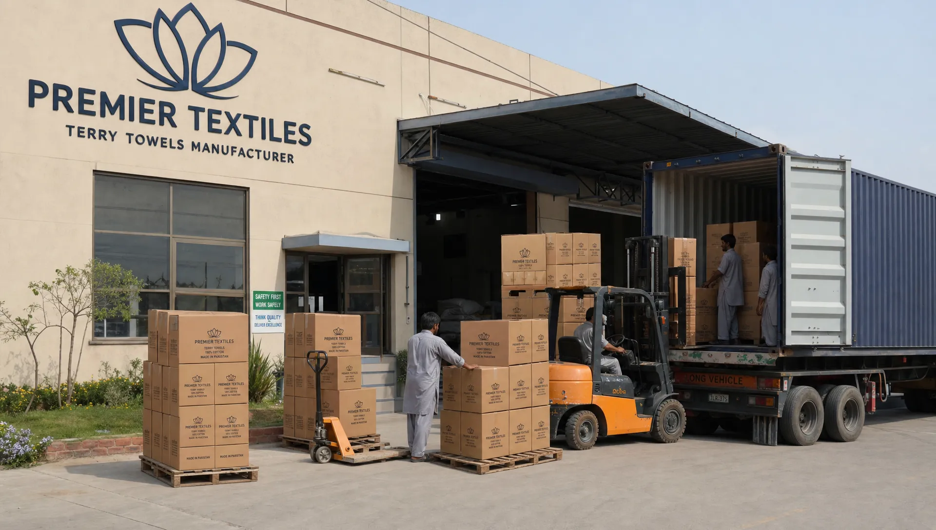A textile factory exterior shows towel cartons being moved toward a shipping bay for wholesale export.