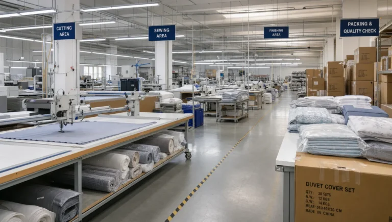 A textile factory floor with cutting tables, sewing stations, and stacked cartons for duvet covers.