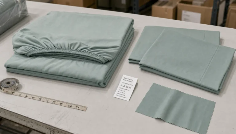 Folded bamboo bed sheets, a care label, and a measuring tape sit on a packing table during inspection.