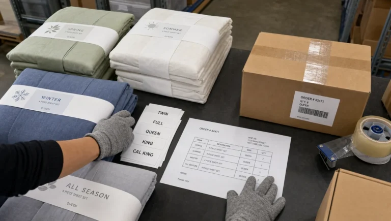 Hands sort folded bedding sets and carton labels on a packing table for seasonal orders.