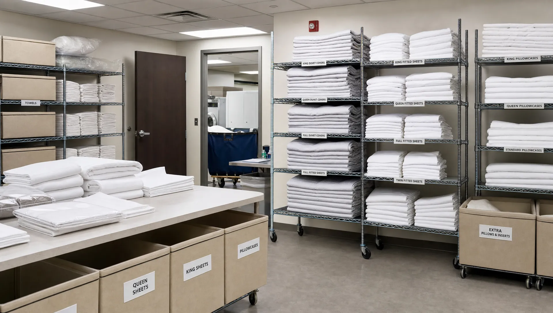Hotel linen shelves and sorting tables show organized bedding supplies in a back-of-house laundry room.